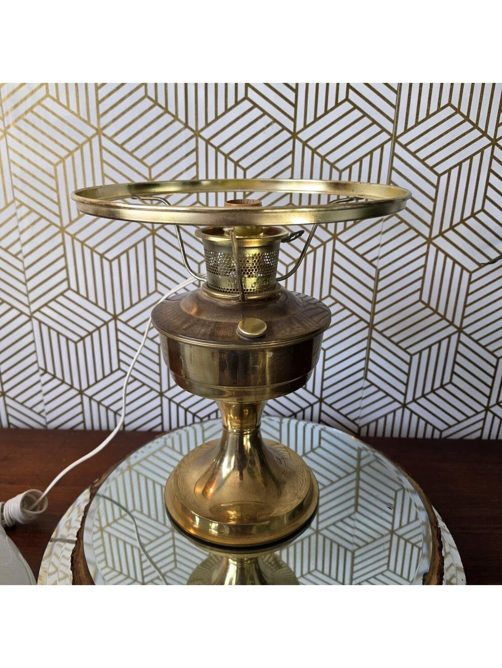 Vintage Kerosene Oil Style Brass Lamp Mill Glass Shade Purple Floral Hong Kong
